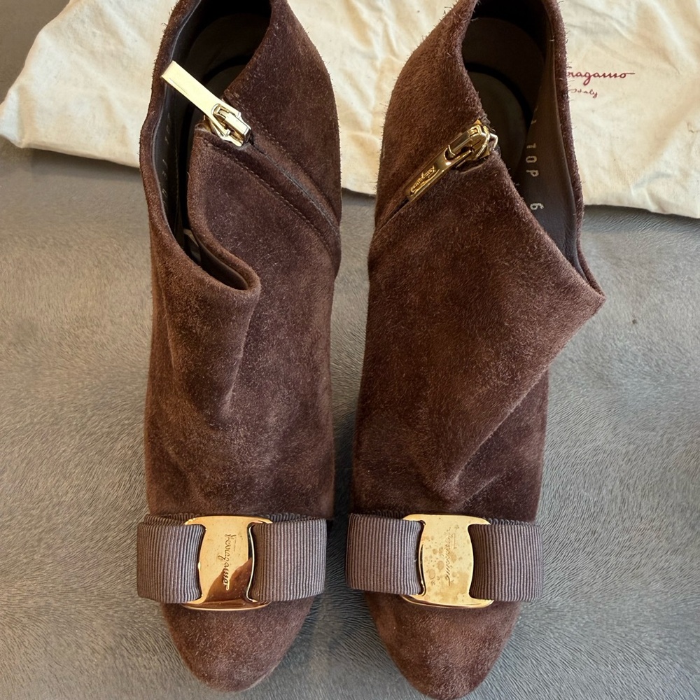 Salvatore Ferragamo Chocolate Brown Suede Ankle Boots. Size 6